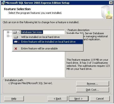 36 Appendix A. Installing Microsoft SQL Server 2005 Express Edition 3 The Feature Selection window opens.