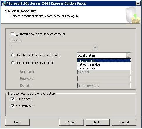Appendix A. Installing Microsoft SQL Server 2005 Express Edition 39 6 The Service Account window opens. The built-in System account is the maximum privilege account.