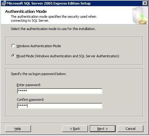 40 Appendix A. Installing Microsoft SQL Server 2005 Express Edition 7 The Authentication Mode window opens.