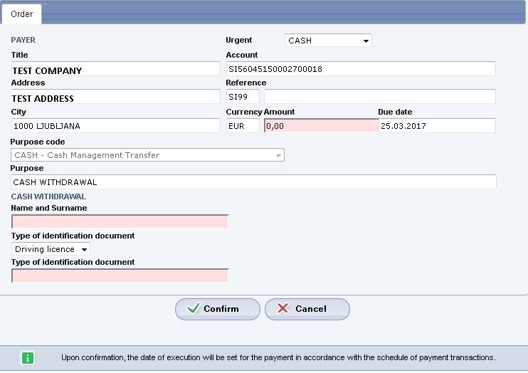Figure: Manual entry of order CASH 8.3.1.2. Importing a payment file The Preparation of orders folder enables to import a prepared payment file.