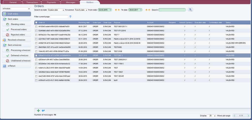 Figure: The main window of e-invoices 8.6.2.1. E-invoices display The e-invoices received from issuers are displayed under Received e-invoices.