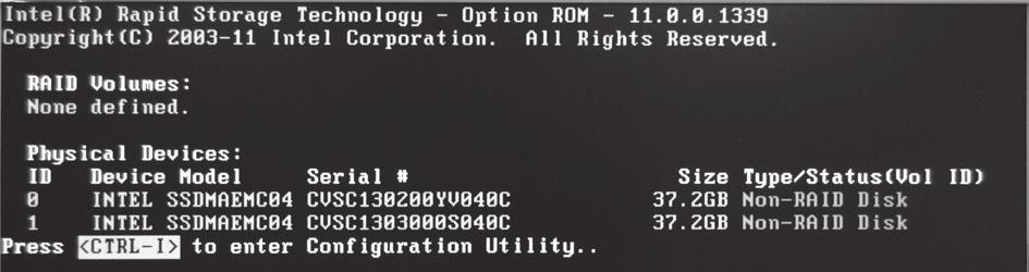 Entering the RAID BIOS utility 1. During POST, press <Ctrl-I> to enter the Intel(R) Rapid Storage Technology RAID BIOS menu. 2.