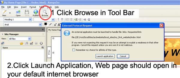 button in toolbar. Click Browse on Toolbar (1), click Launch Application if window appears, web page should open in your default internet browser (2).