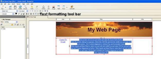 Adding text to your web page Click in center cell. Type text information relevant to your web page.