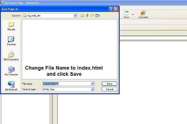 Save Page As window appears under Save in: navigate to your root folder. (in this example called my_web_site) Change the file name to index.