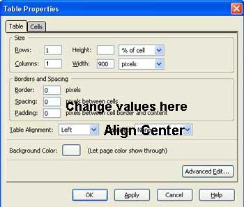 Under Table Tab change values for Spacing and Padding to 0 For Table Alignment select Center. Click OK (Figure 13) Figure 13 B.
