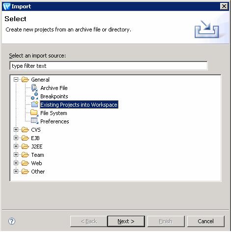 3. Import the clientsdk-webui project in BEA Workshop. Select the File Import menu item to open the Select window.