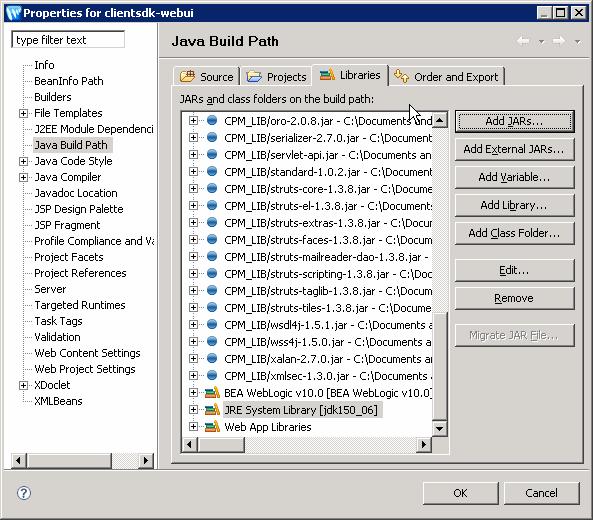 9. In the left frame of the Properties for clientsdk-webui window select the Java Build Path item. The Java Build Path frame will open in the right frame, shown below.