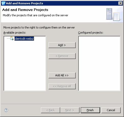 2. Click Next > to open the Add and Remove Projects window. Verify that the clientsdk-webui is in the Configured projects: frame of the window.