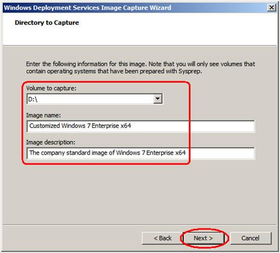 You have to enter three pieces of information. You should select the volume letter that you want to capture using WDS.