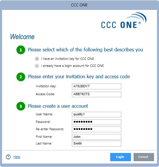 Step Six: Log into CCC ONE Logging into CCC ONE 1. Open CCC ONE by double-clicking the icon on your Microsoft Windows desktop. The CCC ONE Welcome screen opens. 2.