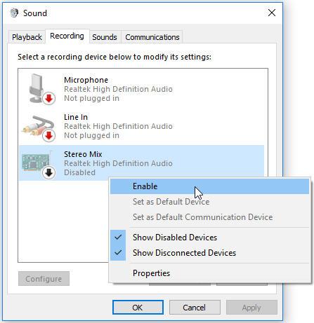 The following steps explain how to enable Stereo Mix (which may be needed when you want to record sound from your