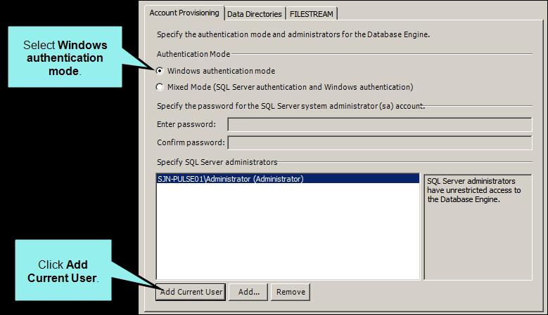 16. In the Database Engine Configuration page, under the Account Provisioning tab (SQL Server 2008/2008 R2) or the Server Configuration tab (SQL Server 2012), choose one of these options: Windows