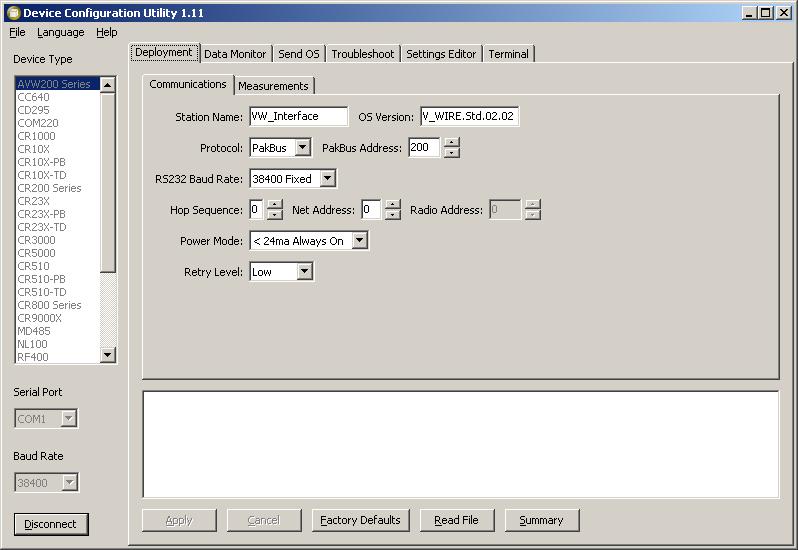 Once connected you will see a main tab control, then a secondary tab control on the main Deployment tab. The secondary tabs, Communications and Measurements are used for configuring the AVW2xx.