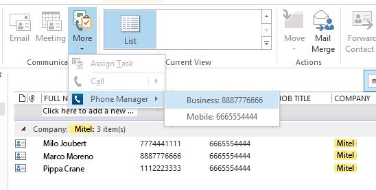 This requires Phone Manager to be running in the same Windows session as Outlook.