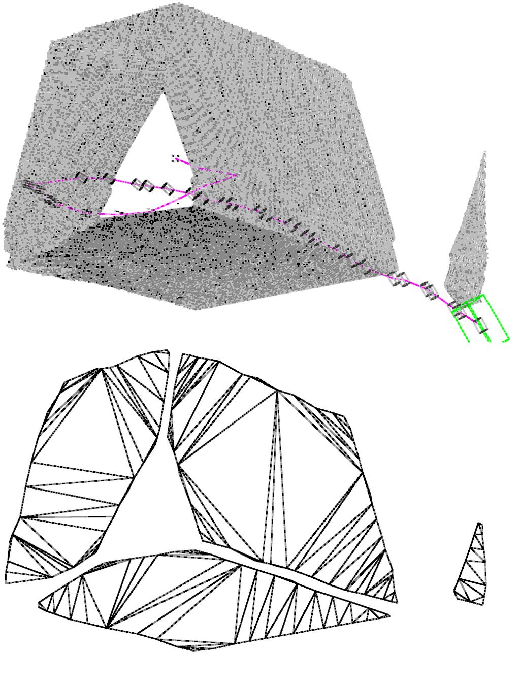 (a) (b) (c) (d) Figure 3: Incremental planar segmentation shown with point cloud, camera position (in green), camera trajectory (in pink) shown above and resulting planar segments below.