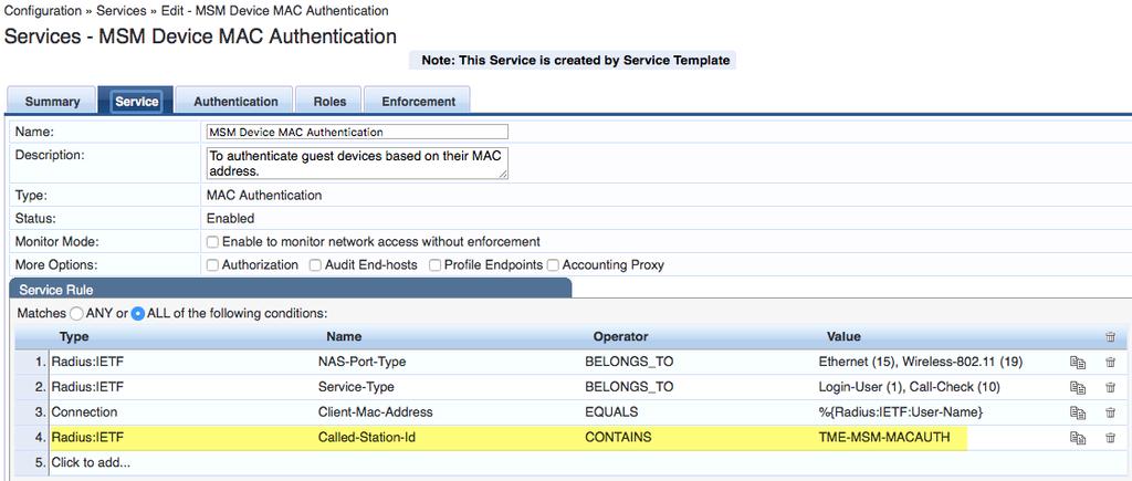 Figure 34. Add Service Rule That completes the ClearPass configuration for MAC-based Device Authentication. Now onto the controller configuration.