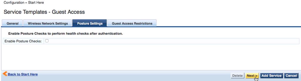 Figure 42. Guest Access Service Template (Posture Settings) For Device Access Restrictions, select the days of the week to permit access, along with the maximum bandwidth allowed per device.