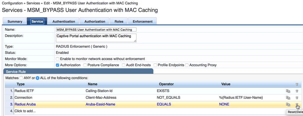 Figure 64. Edit User Authentication with MAC Caching Service Now use the Guest Access Web Login Service Template.