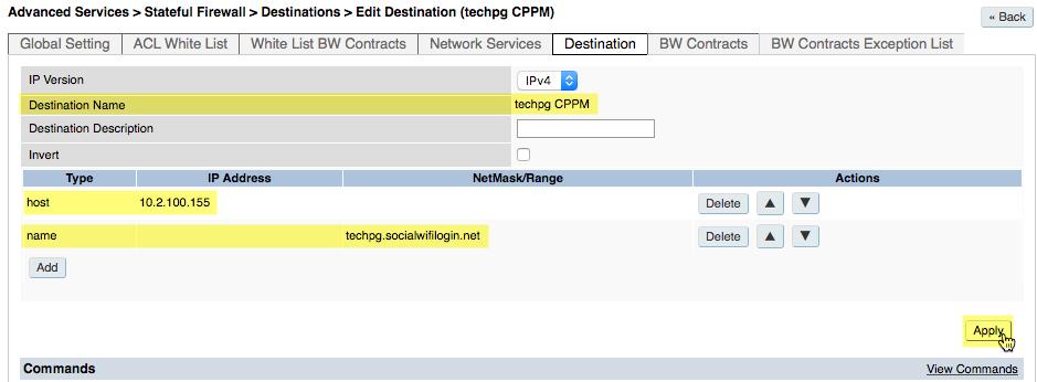 Go to Configuration > Advanced Services > Stateful Firewall and click on the Destinations tab. Click Add.