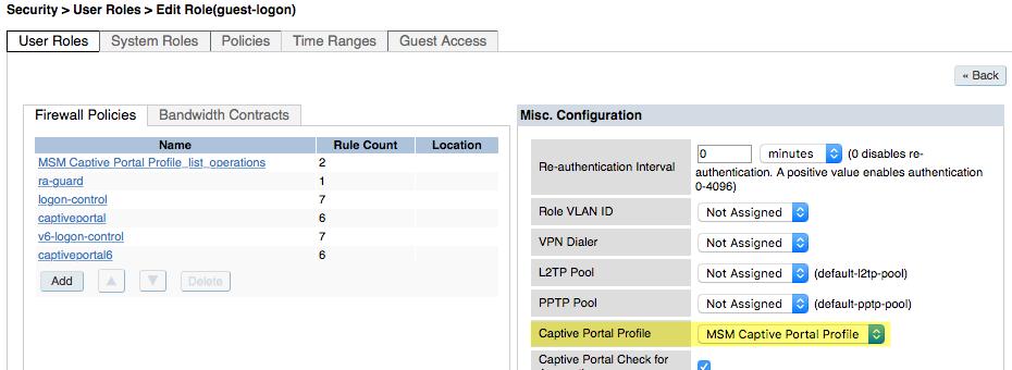 Click Apply. Figure 81. Enable Captive Portal Profile on guest-logon Role VLAN Configuration The final step on the in-line Aruba Controller is to enable the AAA Profile for wired users.