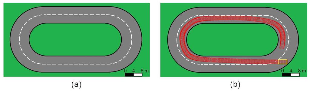 Fig. 5. Environment for car-like robot simulation (a) and its navigation in this condition (b).