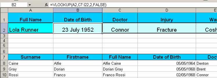 9. VLOOKUP FUNCTION The lookup function used in this example is: =VLOOKUP(A2,C7:I22,2,FALSE) A2 = The cell containing the chosen name we are looking for C7:I22 = The original list of data we are