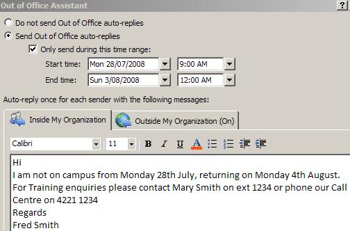 VACATION MESSAGE The Vacation message or automatic reply is created using the Out of Office Assistant. 1. Go to the Tools menu and choose Out of Office Assistant 2.