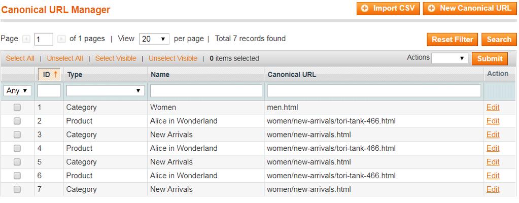 Admin can also import Canonical URLs for specific product or category via CSV files by clicking on Import CSV button.