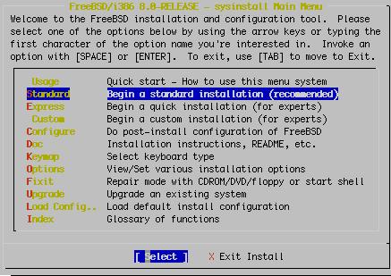 Select to Install FreeBSD Use the tab key