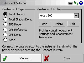 Configure FieldGenius on the RX1250 Controller Instrument Profile Create a profile for your Leica 1200, and Edit it to access