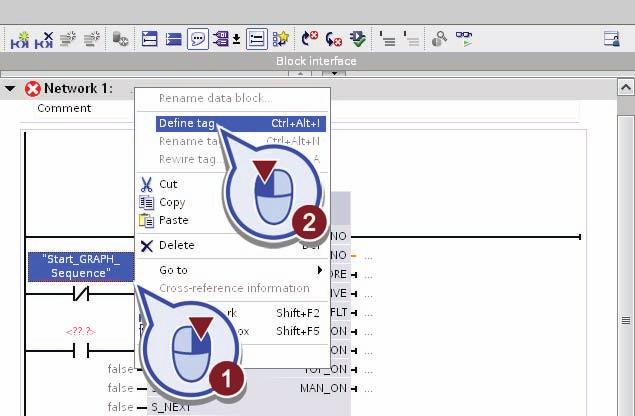 Programming the PLC 4.6 Calling program blocks in the "Main" organization block 6. Right-click the text "Start_GRAPH_Sequence" and select "Define tag" from the shortcut menu. 7.