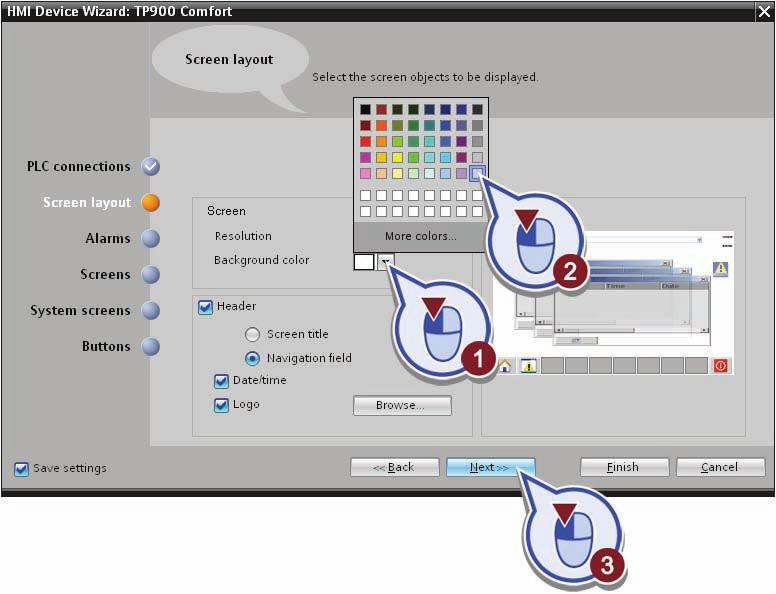 Visualizing the process 5.2 Configuring the HMI Comfort Panel 4. Select the background color for the HMI screens as follows: Open the color palette. Select white as the color.