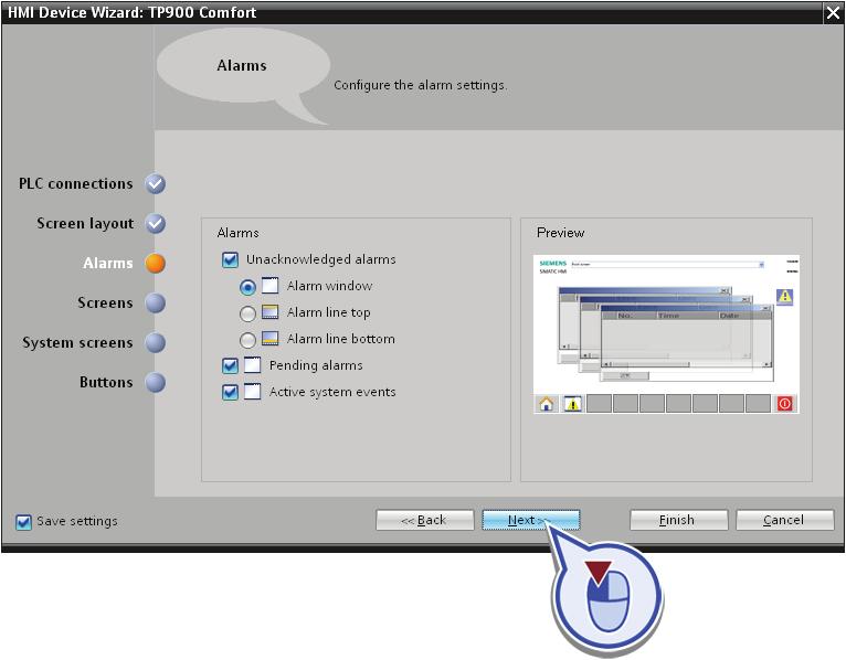 Visualizing the process 5.2 Configuring the HMI Comfort Panel 5. Ensure that the displayed settings are activated in the "Alarms" dialog and click "Next".