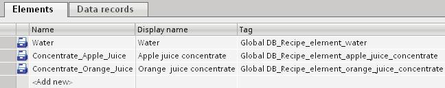 Create a second recipe element with the following properties: Name: "Concentrate_Apple_Juice" Display name: "Apple juice concentrate" Tag: "Recipe_element_concentrate_apple_juice" of the "Global_DB"