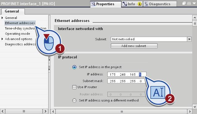 Double-click the Ethernet interface of the CPU. The properties of the Ethernet interface are displayed in the inspector window. 2.