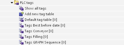 The tags which are still to be defined in the course of the project will be created in these PLC tag tables. The default tag table remains available.