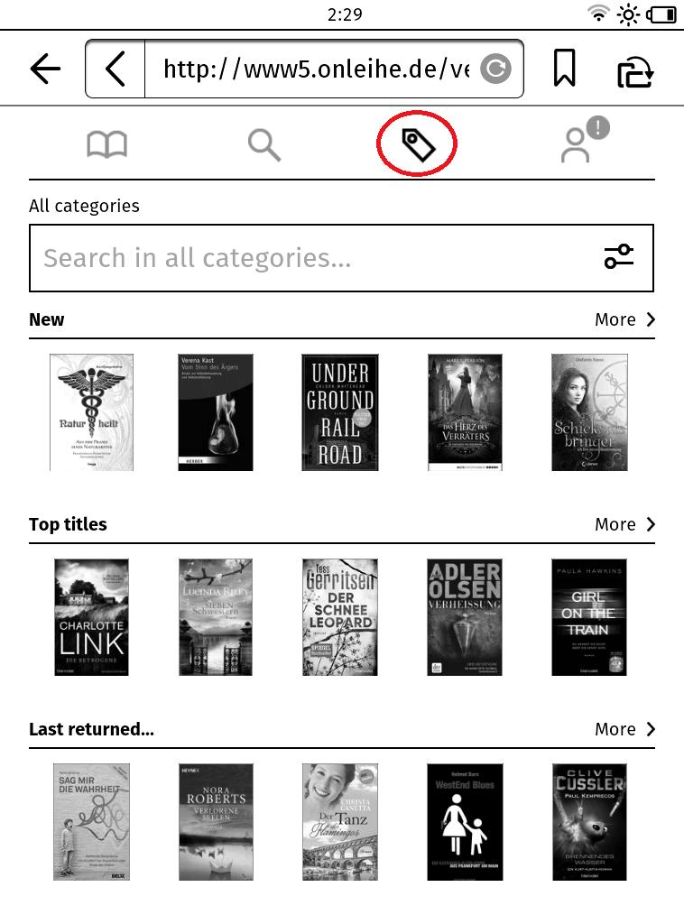Tap on "Recommendations" to see new titles, top titles and last returned titles for the entire stock of your Onleihe. Tap "More", to see all titles of that list.