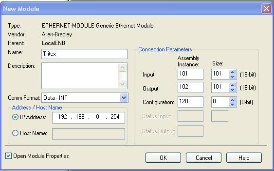 4. Configure New Module Connection Properties, IP Address and Comm Format. Assign name to new Module (Tritex) and then select OK.