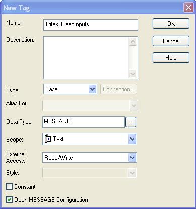 Figure 24 Get Message New Tag Figure 25 Get Massage Configuration Properties 3. In new Tag menu, assign name to tag, Check Open MESSAGE Configuration box, then click OK. See Figure 24. 4.