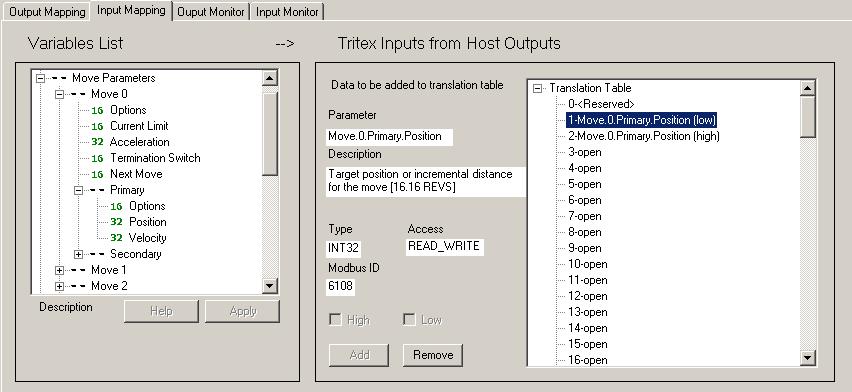 Example 1: Writing Move 0 Position from the PLC to the Tritex Figure 48 Example 1 1. Select the Input Mapping tab (Input to the Tritex from the PLC) 2. Select Move0, Primary, Position 3.