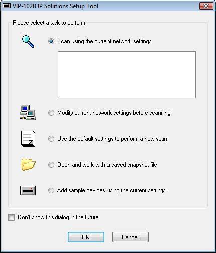 Scanning for Valcom Devices Upon invoking the VIP-102B IP Solutions Tool, the screen shown below is presented. Scan using current network settings performs a search for Valcom devices on the network.