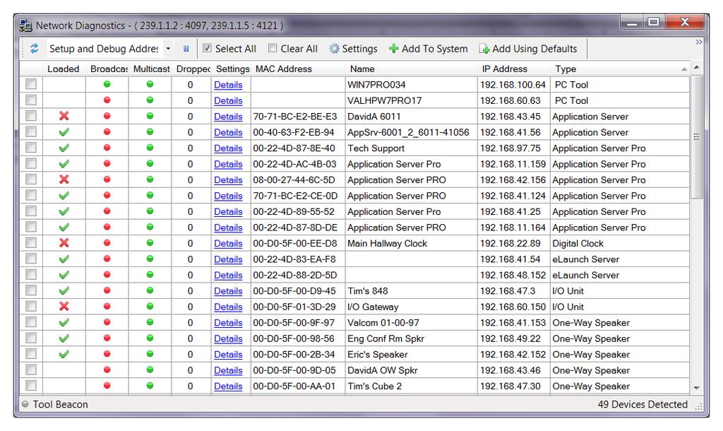 Communications Menu Network Diagnostics The Network Diagnostics option provides a listing of the devices found on the network, with real-time updating.