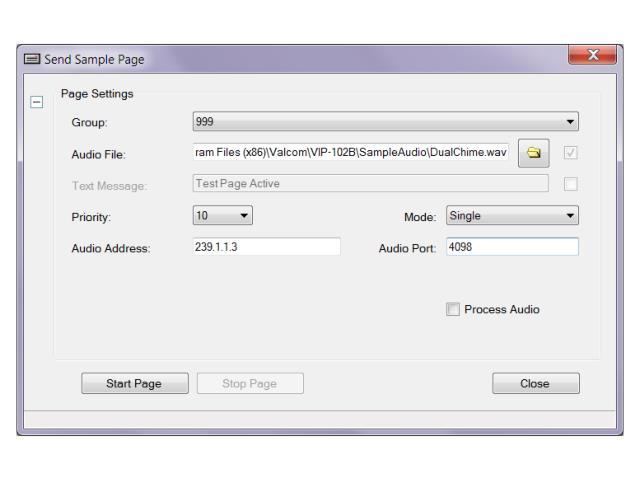 Communications Menu Send Sample Page The Send Sample Page function provides the ability to test the functionality of devices and their configuration by sending an audio file to audio groups.