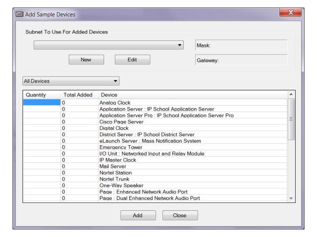 Device Menu Add Sample Devices The Add Sample Devices dialog box provides a listing all of the available Valcom IP devices that can be programmed with this tool.