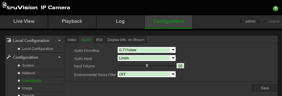 To configure audio settings: 1. From the menu toolbar, click Configuration > Video/Audio > Audio. To configure ROI settings: 1.