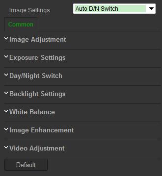 The image settings are: Image Adjustment, Exposure Settings, Day/Night Switch, Backlight Settings, White Balance, Image Enhancement, and Video Adjustment.