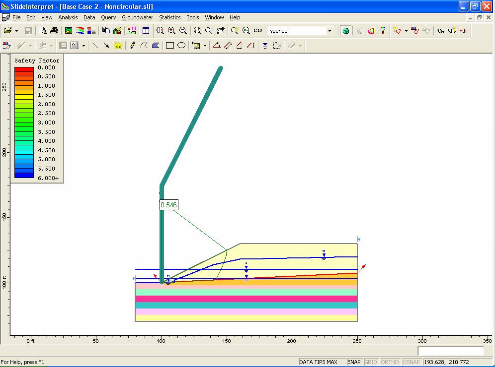 Slope Stability Demonstration 13 Interpret After you select the Interpret option, the Interpret program starts and reads the results of the analysis. The following screen is displayed.