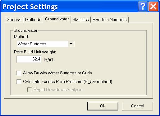 Slope Stability Demonstration 4 Select the Groundwater tab and ensure that the Groundwater Method is set to Water Surfaces. Close the Project Settings dialog by pressing the OK button.