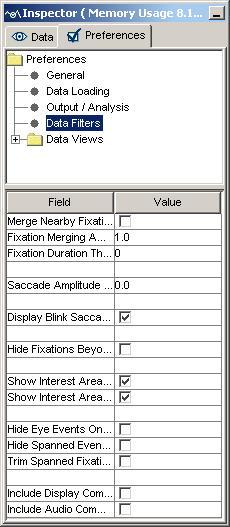 9.4 Data Filter Preferences The data filter preference settings consist of the following elements: Merge Nearby Fixations: If checked, merge the neighboring brief fixations.